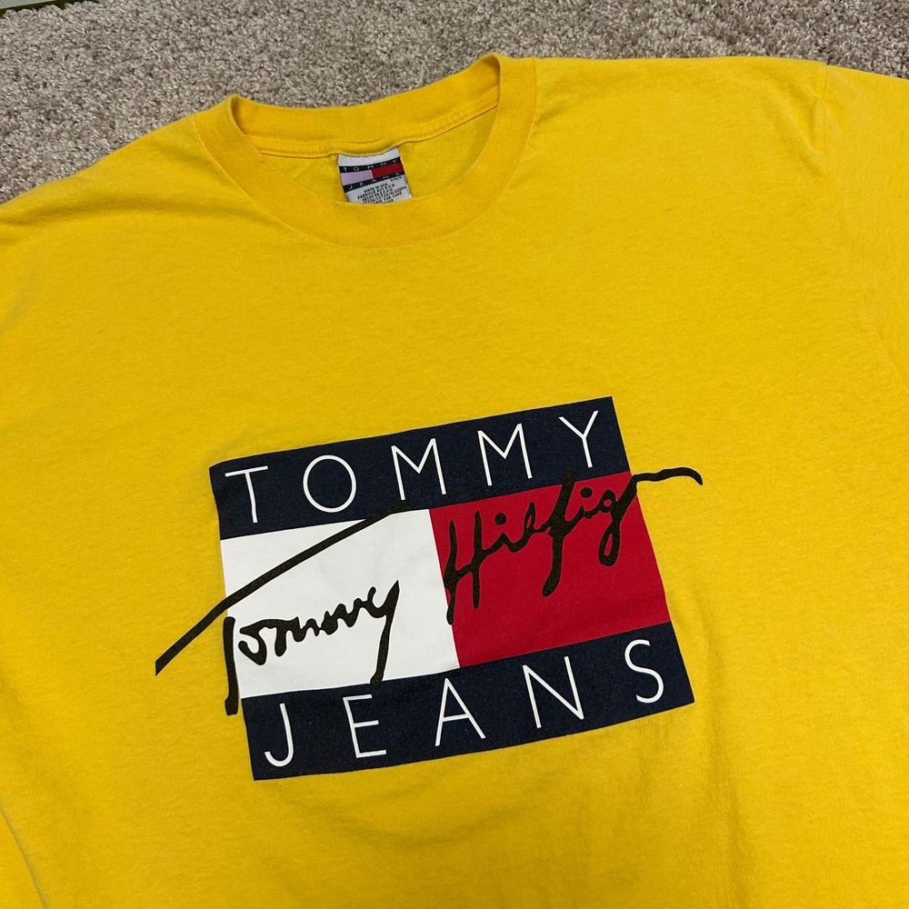 Vintage Tommy Hilfiger Flag Tshirt Men Size Large (Oversized, Long) USA Made 90s
